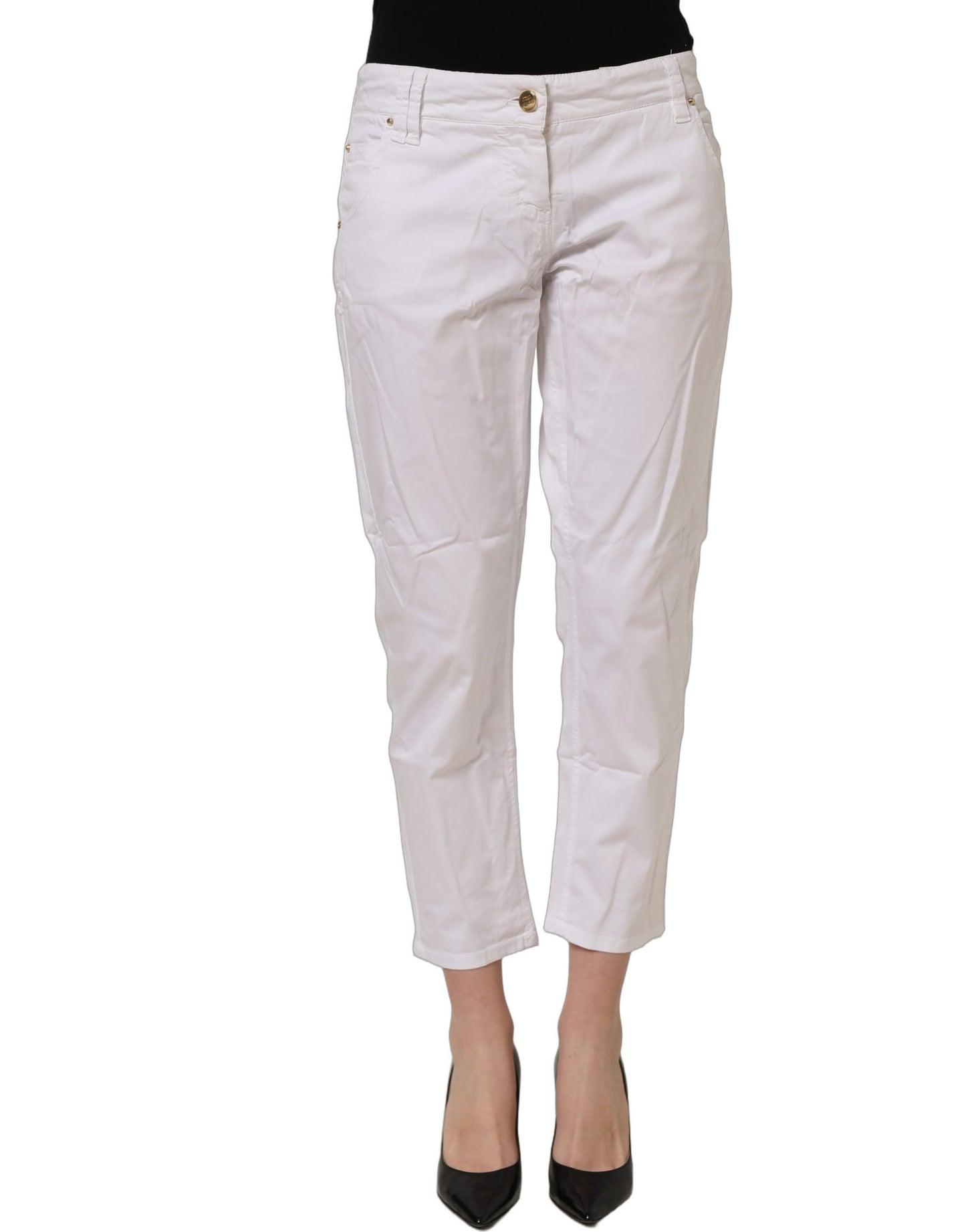 White Mid Waist Straight Cropped Cotton Trouser Pants
