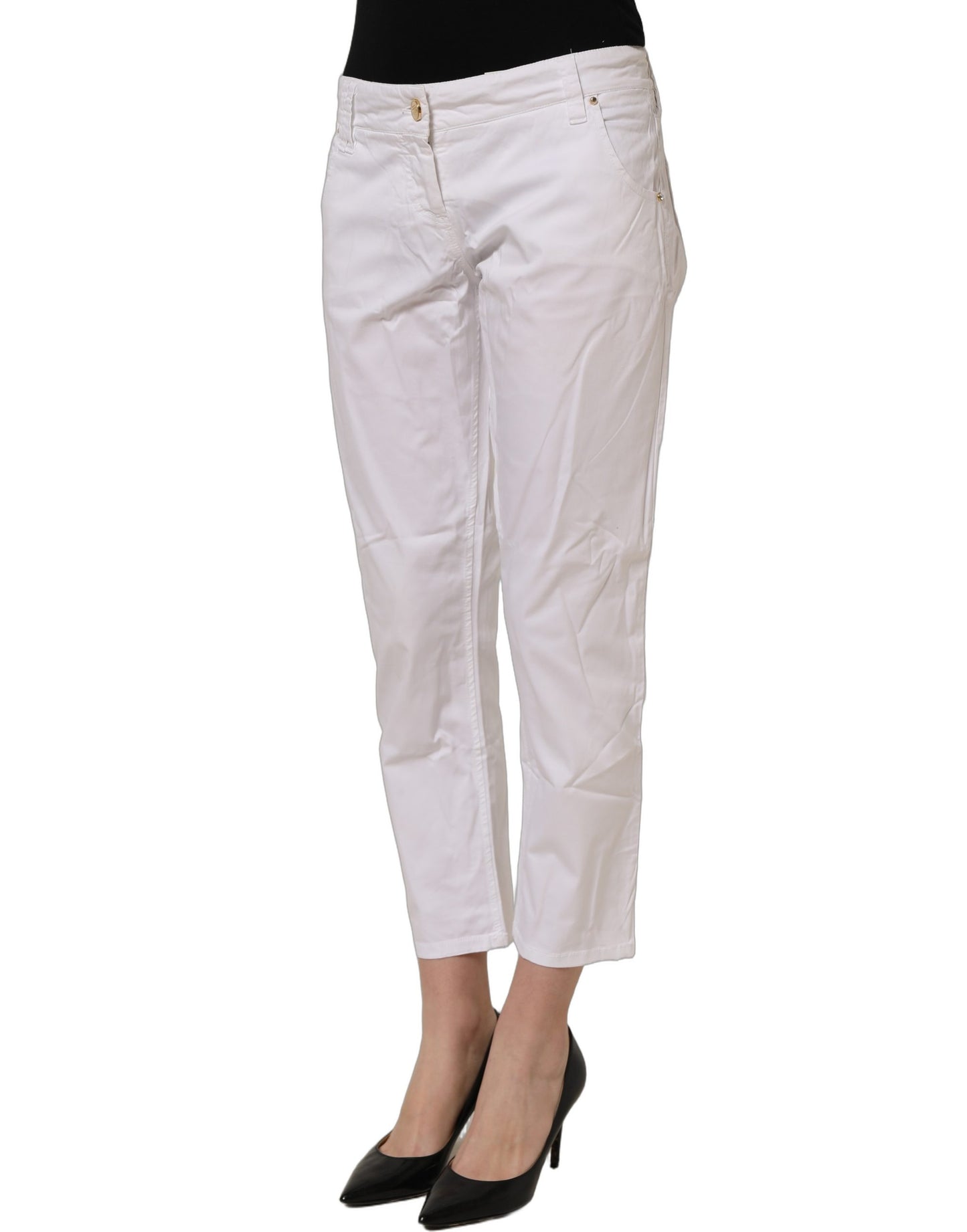White Mid Waist Straight Cropped Cotton Trouser Pants