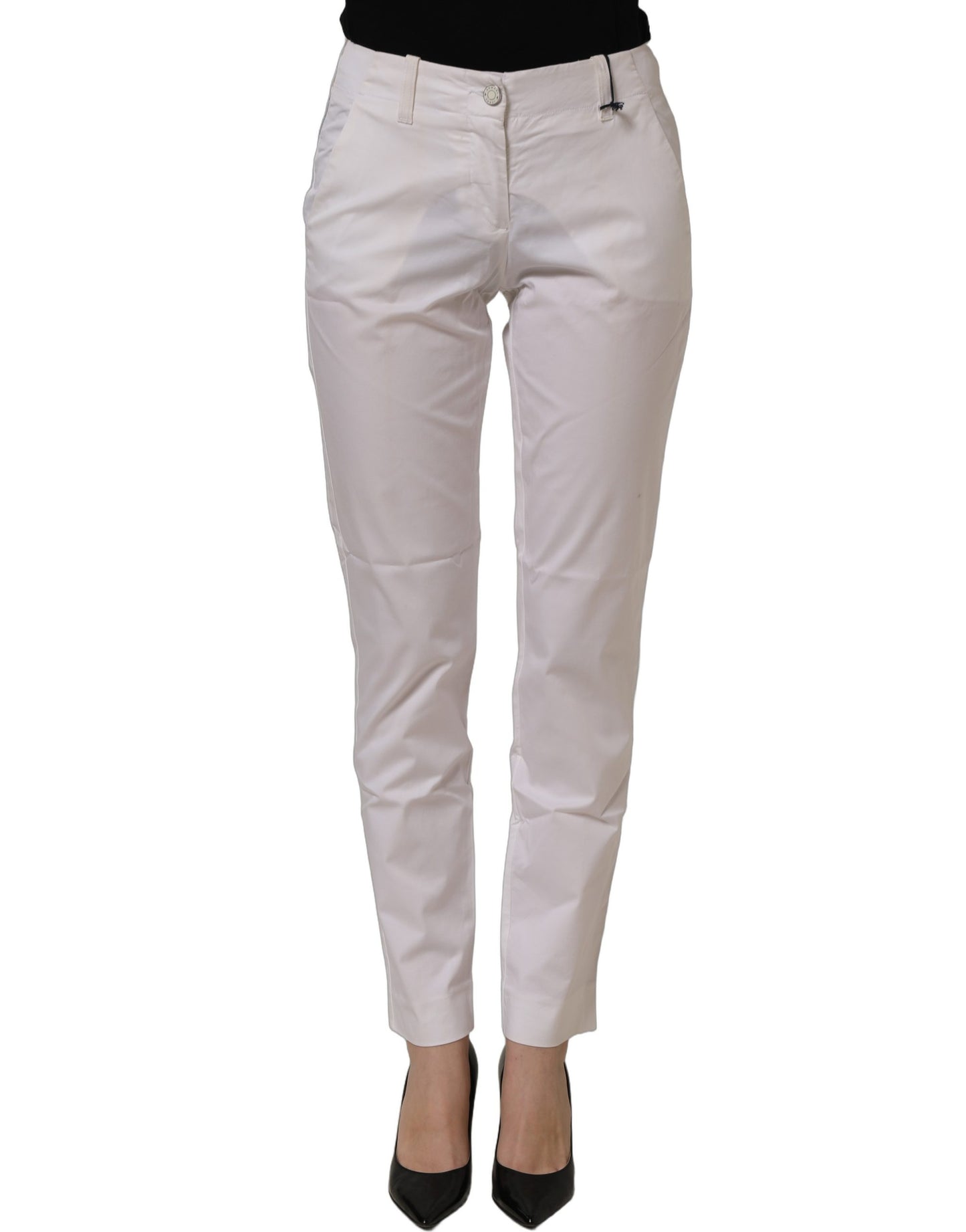 White Mid Waist Cotton Stretch Trouser Pants